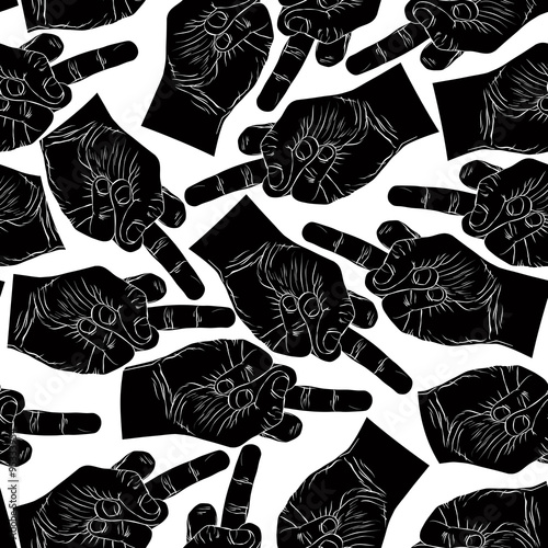 Middle finger hands seamless pattern, vector black and white bac