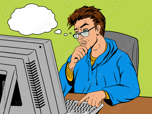 Coder programmer at work comic book style vector