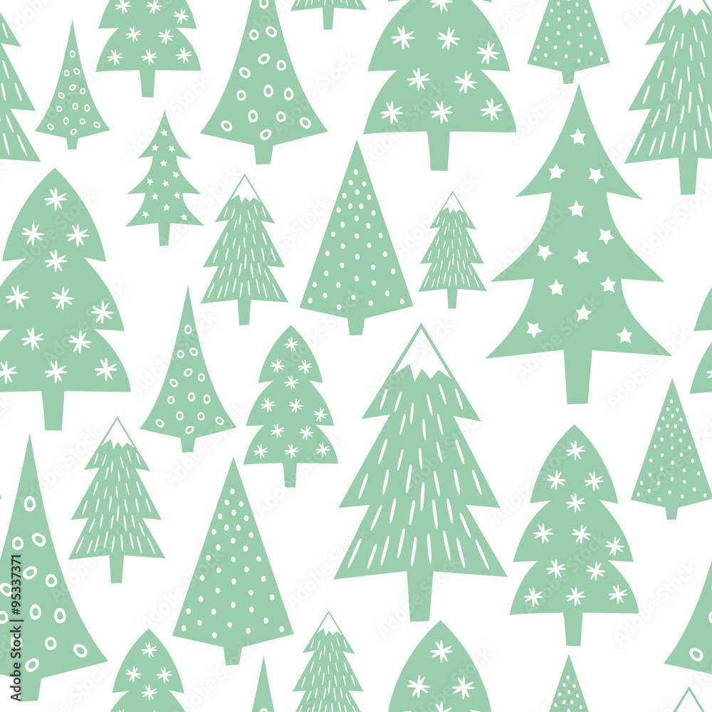 Obraz premium Christmas pattern - varied Xmas trees and snowflakes. Simple seamless Happy New Year background. Vector design for winter holidays on white background. Child drawing style forest.
