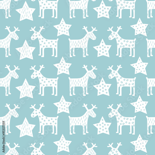 Seamless retro Christmas pattern - Xmas reindeer and night stars. Happy New Year background. Vector design for winter holidays on blue background.