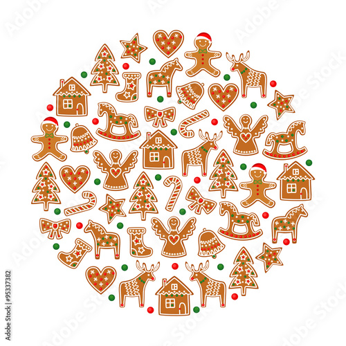 Christmas tree decoration. Xmas cookies collection - gingerbread cookies figures on white background - Xmas tree, candy cane, angel, bell, stocking, gingerbread men, star, heart, deer, rocking horse.