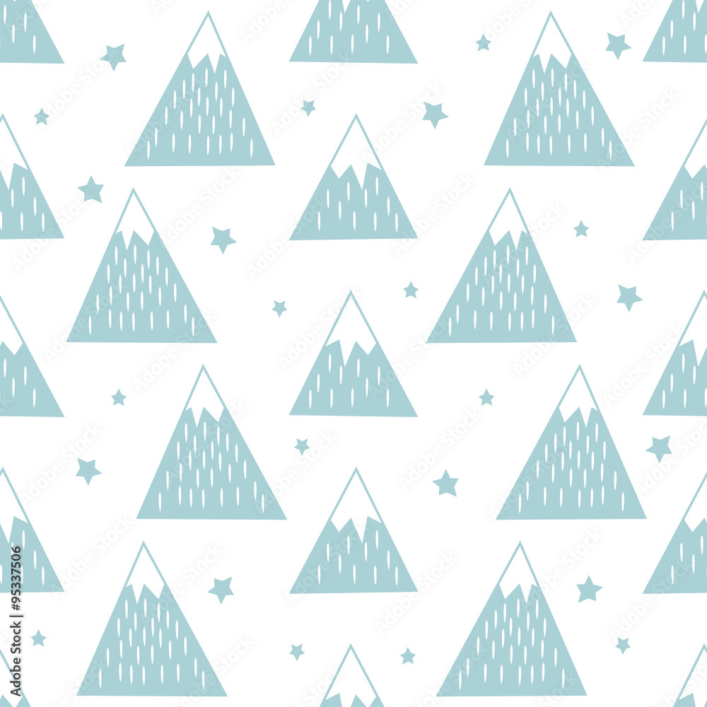 Seamless pattern with geometric snowy mountains and stars. Simple nature illustration. Cute mountains background. Seamless pattern with geometric snowy mountains and stars. Simple nature illustration. Cute mountains background.
