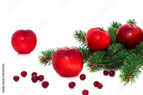 Red apples, cranberries and spruce branches.