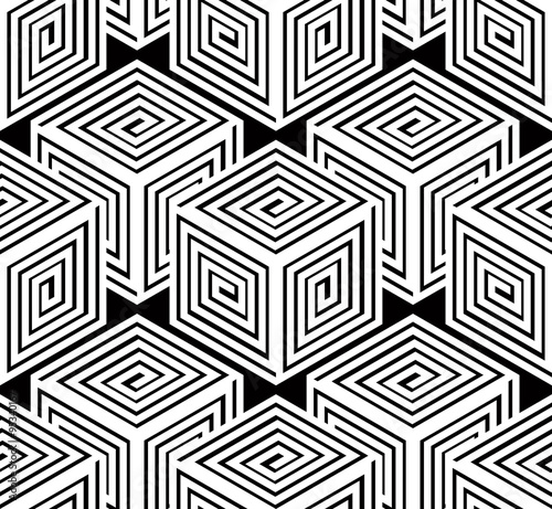 Monochrome illusory abstract geometric seamless pattern with 3d