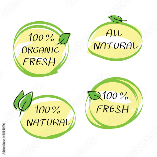 Health Food Headings vector set - organic food hand drawn icons. 4 calligraphic design elements .100 percent fresh, organic fresh, all natural  text on circle stickers with green leaf. Isolated. 