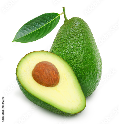 Fresh green ripe avocado with leaf and slice of avocado with core isolated on white background. Design element for product label, catalog print, web use.
