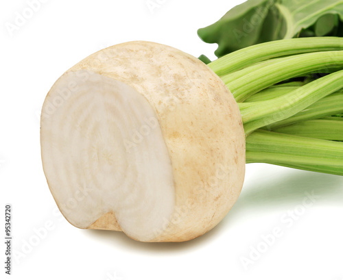 Cutted fresh sugar beet with leaves isolated on white background. Design element for product label, catalog print, web use.