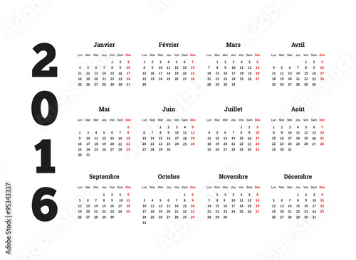 Calendar 2016 year on French language, A4 sheet size
