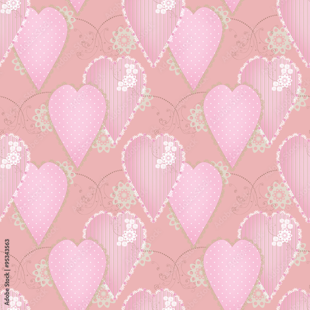 Patchwork design seamless pattern with hearts and elements backg