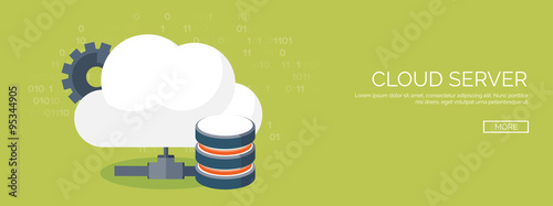 Vector illustration. Flat cloud computing background. Data storage network technology. Multimedia content and web sites hosting. Memory, information transfer