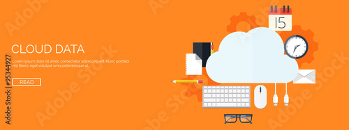 Vector illustration. Flat cloud computing background. Data storage network technology. Multimedia content and web sites hosting. Memory, information transfer