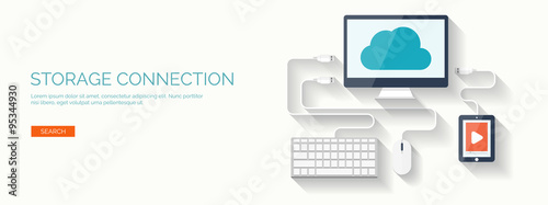 Vector illustration. Flat cloud computing background. Data storage network technology. Multimedia content and web sites hosting. Memory, information transfer