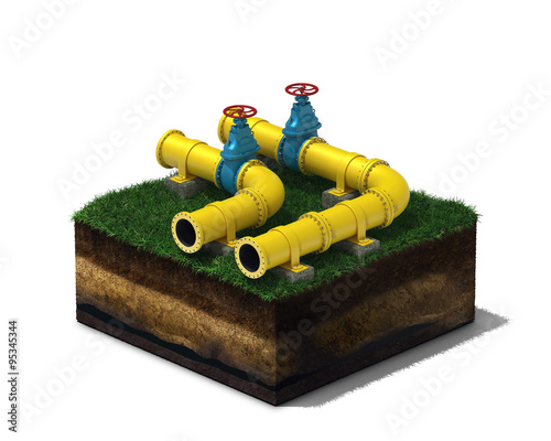 3d illustration of yellow pipeline with blue valves on section of land, isolated on white background