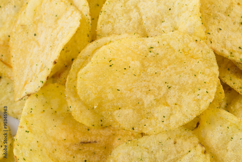 Prepared potato chips snack closeup view Prepared potato chips snack closeup view