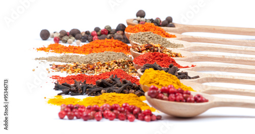 collection of spices on spoons, isolated background