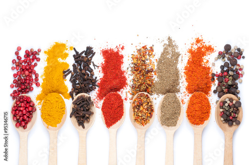 collection of spices on spoons, isolated background