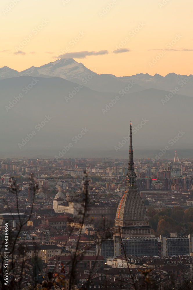 Naklejka premium Turin cityscape - Mole Antonelliana and Alps