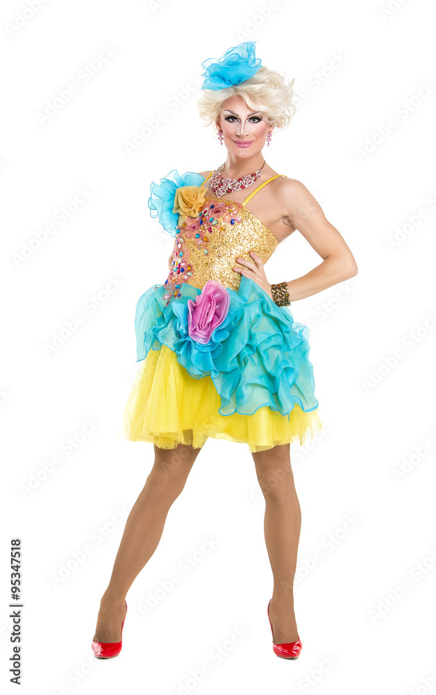 Drag Queen in Yellow-Blue Dress Performing Drag Queen in Yellow-Blue Dress Performing