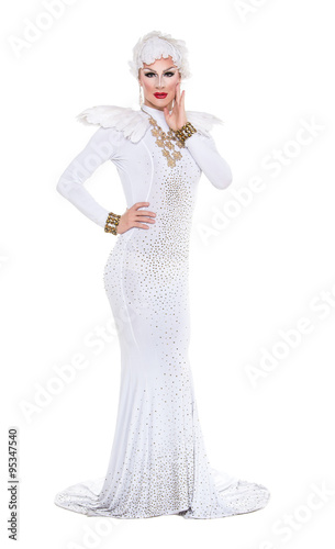 Drag Queen in White Dress Performing