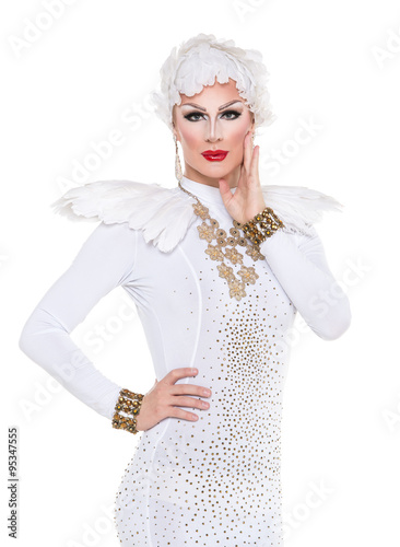 Drag Queen in White Dress Performing
