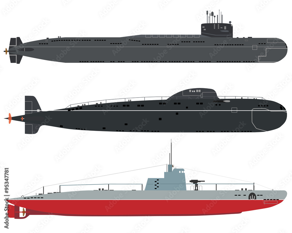 Naklejka premium Set of isolated military submarines of old and new on a white background. Vector illustration