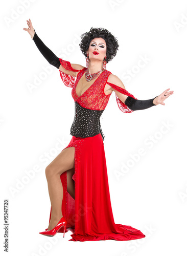 Drag Queen in Red Evening Dress Performing