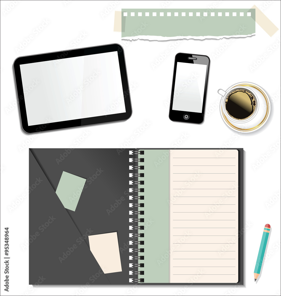 top view of working place elements on white background top view of working place elements on white background