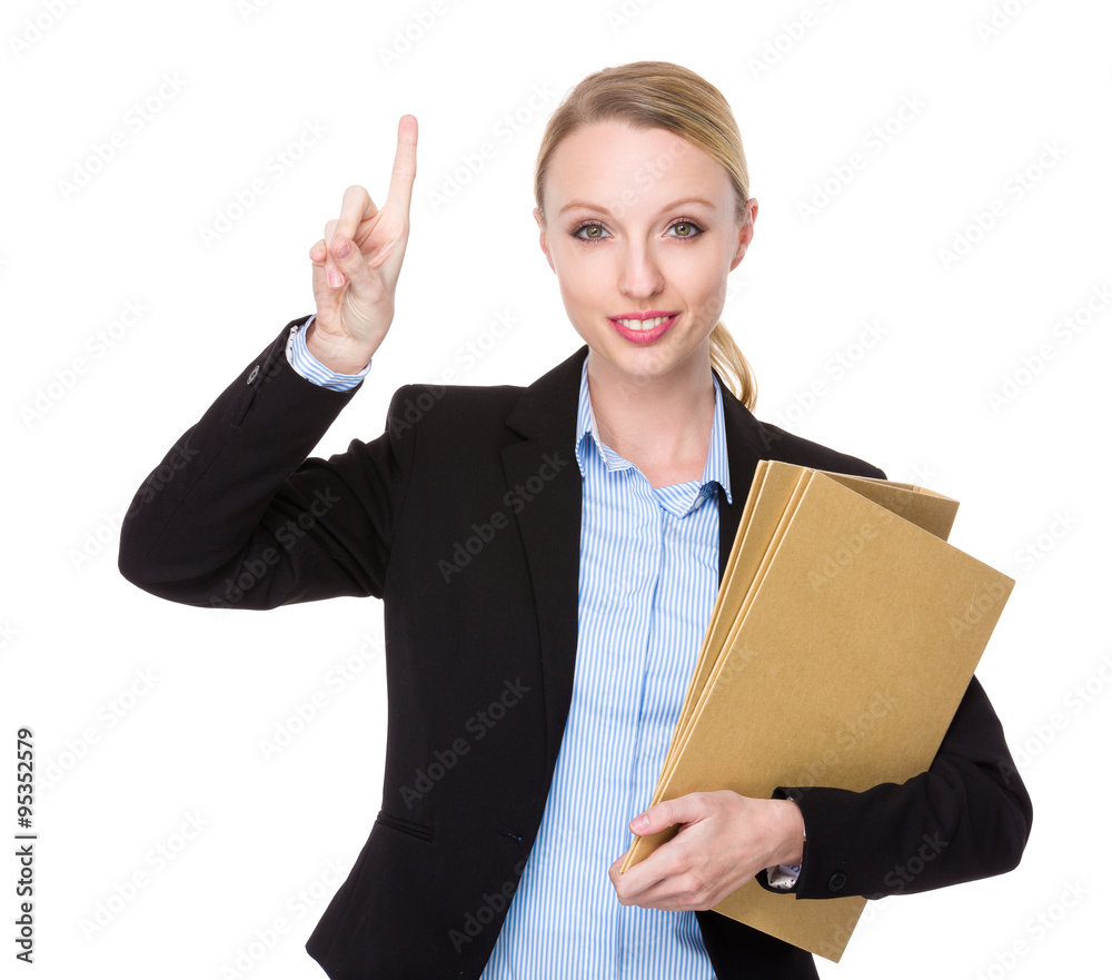Businesswoman hold with folder and finger point up Businesswoman hold with folder and finger point up