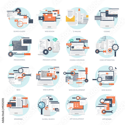Vector illustration. Flat background. Coding, programming. SEO. Search engine optimization. App development and creation. Software, program code. Web design