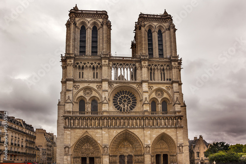 Facade Overcast Notre Dame Cathedral Paris France photo