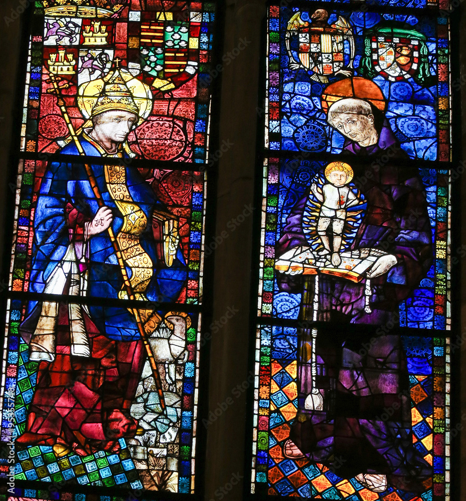 Stained Glass of Saint Clement and Anthony in Cathedral of Leon, Spain