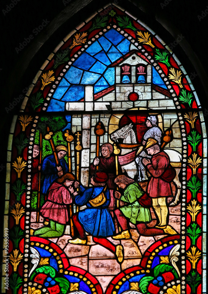 Stained Glass of Pilgrims to Compostela in Cathedral of Leon