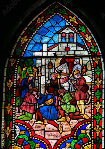 Stained Glass of Pilgrims to Compostela in Cathedral of Leon