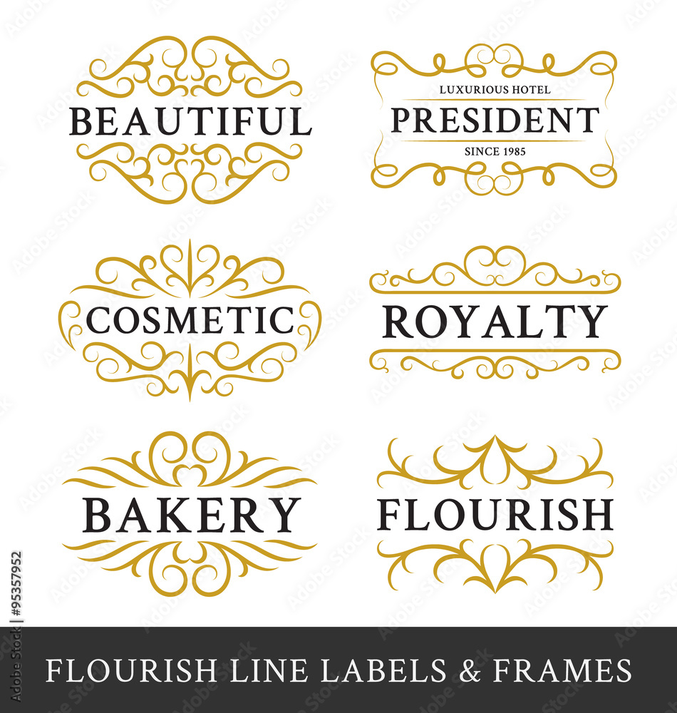 Set of flourish calligraphy frames design for business and product such as real  estate, hotel,salon,bakery,cosmetic, jewelry, resort, wedding, beer, whiskey, food menu. Vector illustration