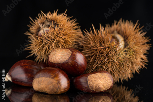 Chestnuts on a black reflective background