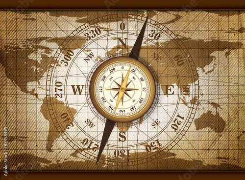 Vintage Travel Map and Compass with old fabric texture background, Adventure Background