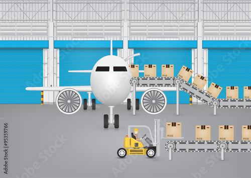 Operator loading cargo box to airplane storage by forklift inside hangar, airport. Vector illustration concept of import export, logistic, shipping, delivery. Freight transport distribution indusry.