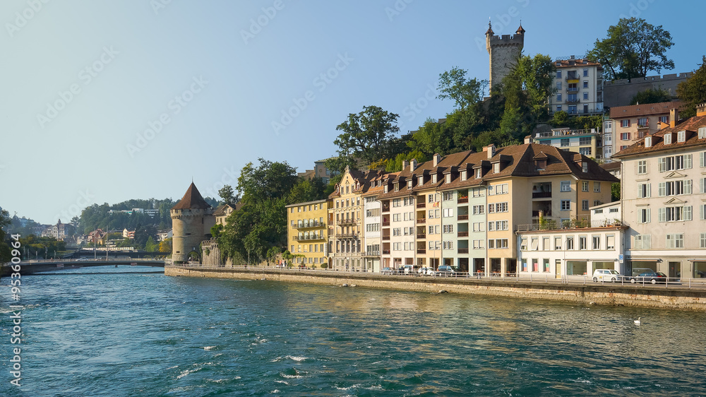 Reuss River and Castle in Lucerne, Switzerland.