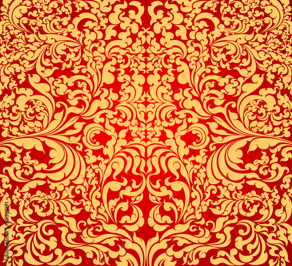 Gold floral art pattern on red background Gold floral art pattern on red background
