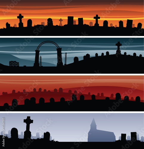 Four banner illustrations of dark and spooky graveyard silhouettes.
