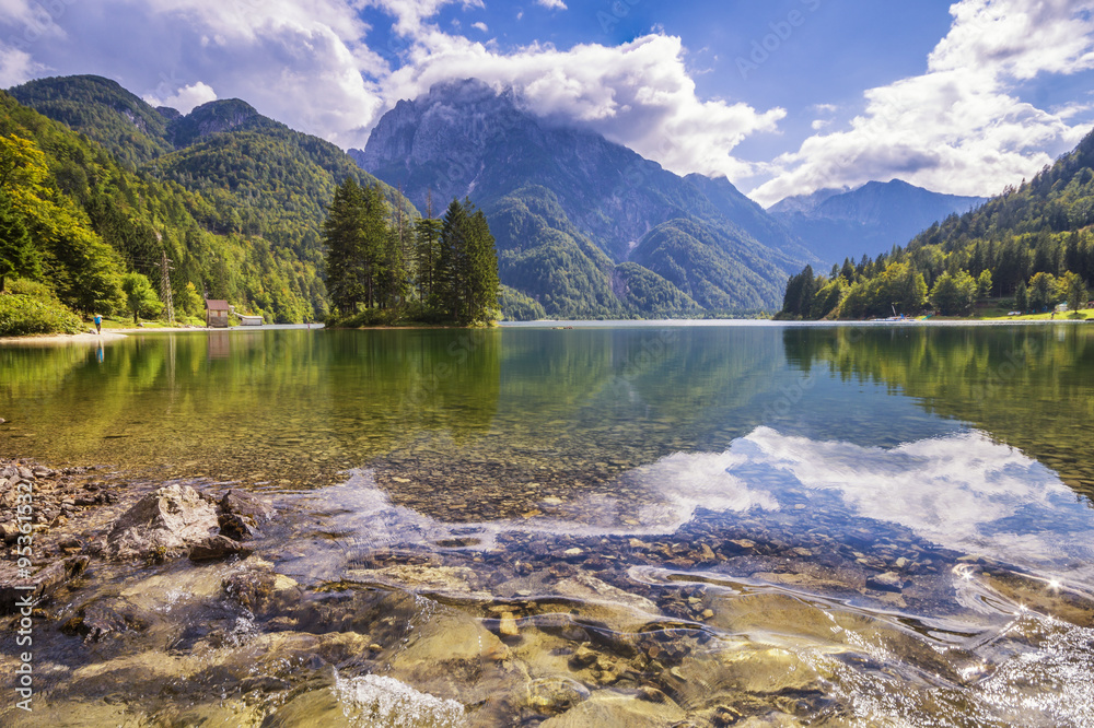 panorama of mountain lake in the Alps