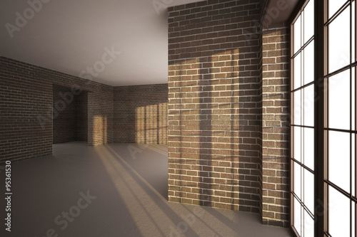3d illustration of Brick room with large windows
