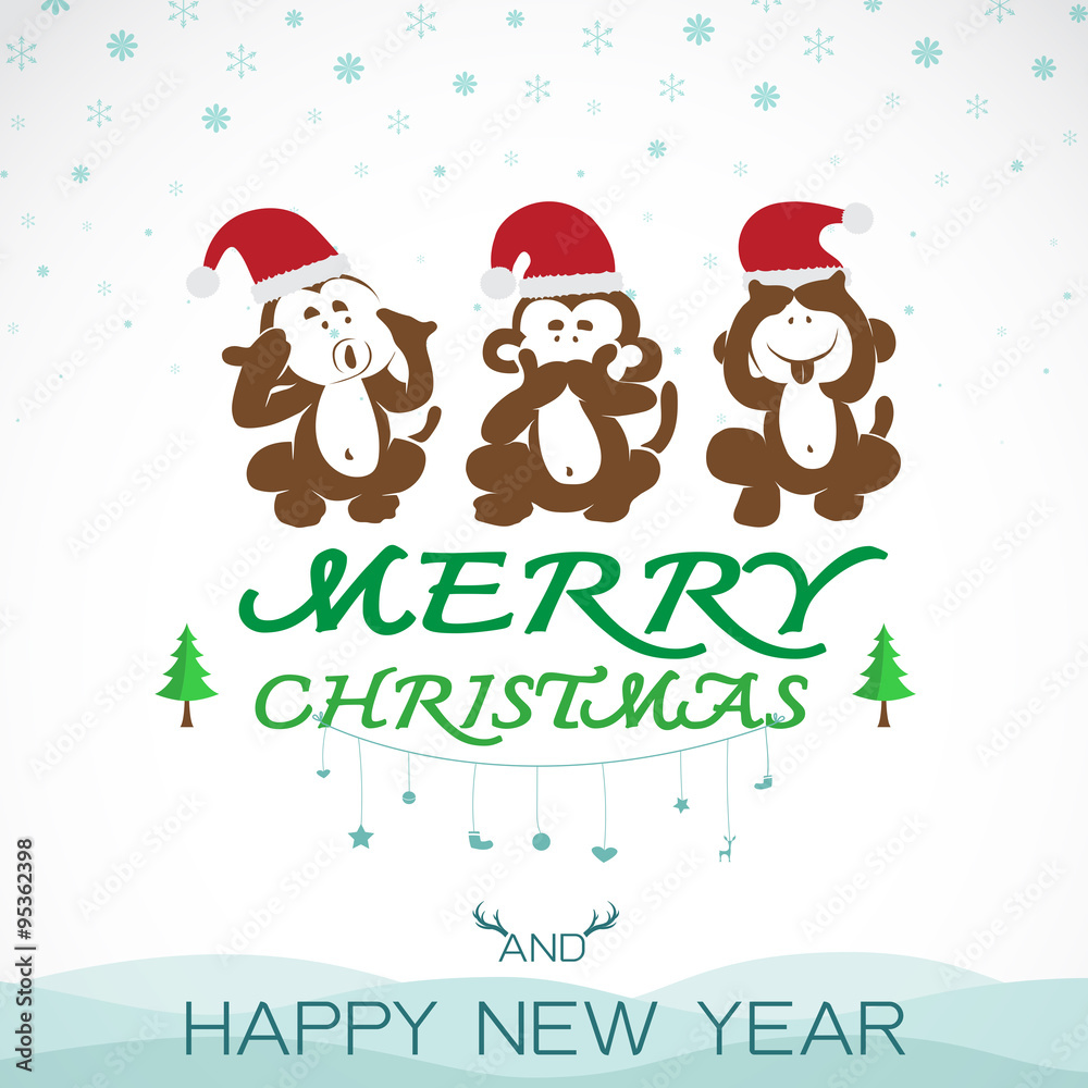Vector image of an christmas greeting card. Monkeys and santa ha Vector image of an christmas greeting card. Monkeys and santa ha