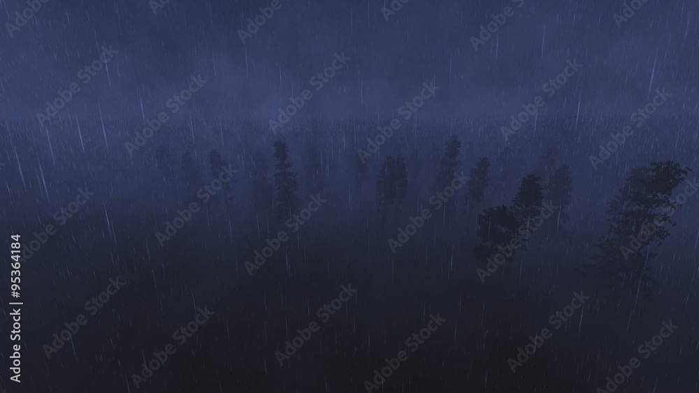 Falling rain in Night forest, tracking shot from above