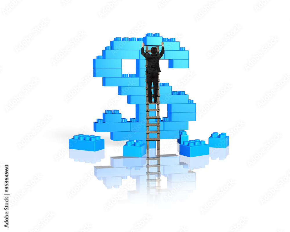 Obraz premium Businessman climbing ladder completing dollar sign shape stack b