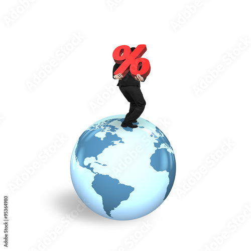 Businessman carrying percentage sign standing on globe world map