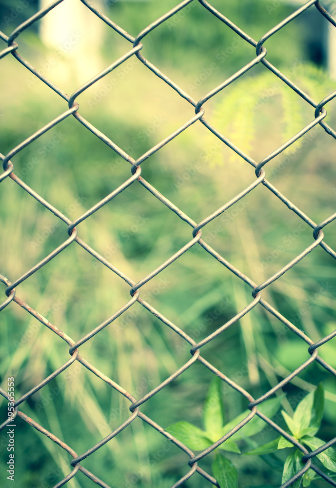 Wire fence with blur green garden, vintage tone style