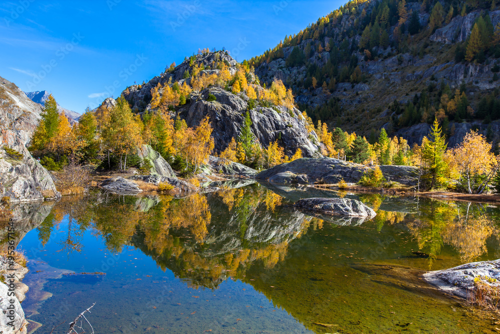 Beautiful pond of Swiss Alps in autumn