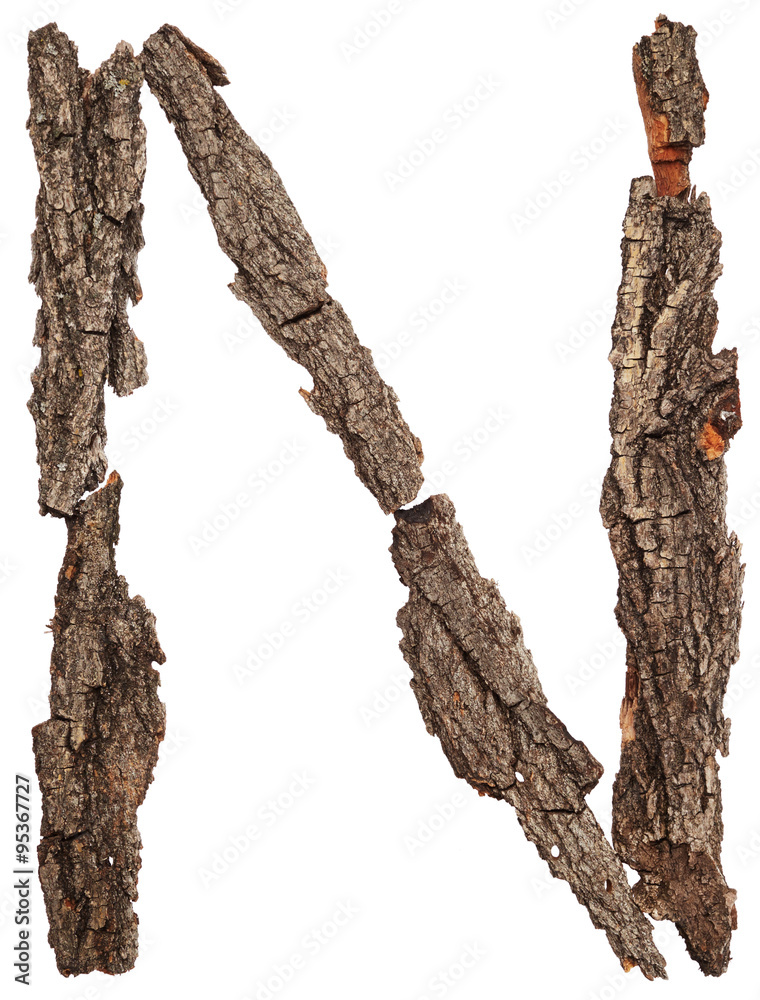 Naklejka premium Alphabet from bark tree isolated on white background. Letter N