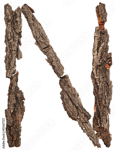 Alphabet from bark tree isolated on white background. Letter N